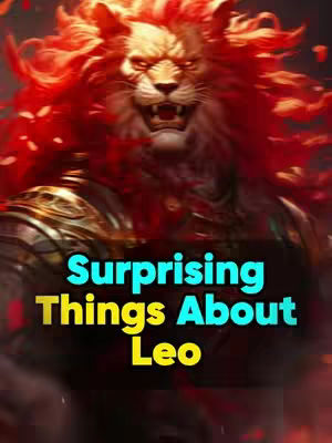 The cover image features a digital illustration of a fearsome lion. The lion has a golden mane that appears to be in flames, and the background is a gradient of dark red and black. The text overlay reads "Surprising Things About Leo" in a bold font.