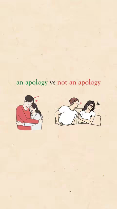 The cover image features a light beige background with two illustrated scenarios. The top of the image has the text "an apology vs not an apology" in green and red. The left side shows an embracing couple with hearts above their heads, conveying love and affection. The right side depicts a man leaning towards a woman, with the woman appearing displeased.