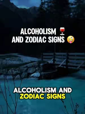 The image shows a dark, atmospheric outdoor scene, likely at dusk or night. The top portion suggests silhouetted trees and a mountainous landscape. In the mid-ground, a body of water reflects the sky. Overlaid on this scene is text with the phrase "ALCOHOLISM AND ZODIAC SIGNS". Below the primary text, the same text is repeated with different font and a yellow background. The overall composition uses dark colors and text to draw attention to the video's theme.