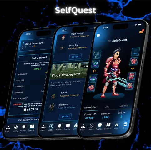 The image showcases three smartphones displaying different interfaces of a fitness app. The app design features an RPG-style leveling system with pixelated graphics and anime-inspired elements. The main screen displays a character avatar. Another screen on the left shows a list of daily quests like push-ups, sit-ups, and running. The overall aesthetic is dark with blue and black gradients.