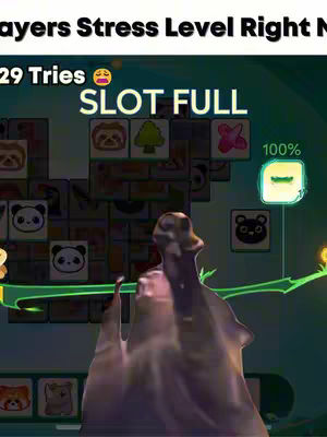 The cover image presents a game interface with gameplay elements. At the bottom, there's a set of icons resembling tile puzzles. In the center, there is a dark, blob-like figure, likely a character from the game. Above, the text 'Players Stress Level Right Now' is displayed, and further up, the text 'Slot Full' is superimposed along with an emoji and a percentage indicator. The color scheme includes greens, browns, and whites, with a slightly grainy texture, indicative of a screenshot.