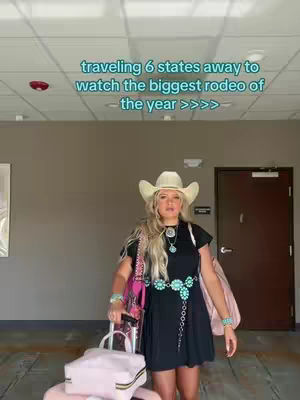 A young woman in a cowboy hat and black dress stands in a hallway, holding luggage and a suitcase. Text in the background states "traveling 6 states away to watch the biggest rodeo of the year".