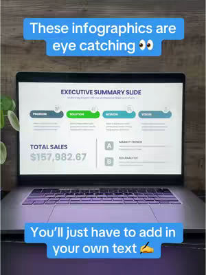 A laptop displays a PowerPoint slide with an infographic. Text boxes with titles like 'Problem,' 'Solution,' and 'Mission' are in a row. The overall composition is clean and professional, with a background of a wooden surface and some greenery.