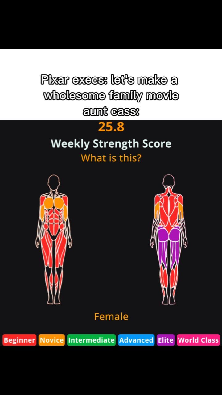 The cover image displays two human figures with muscle diagrams in red, orange, and purple hues. The text overlay suggests a family-oriented movie theme with the words "Pixar execs: let's make a wholesome family movie aunt cass:"