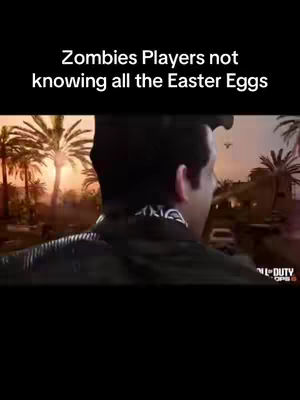 The cover image showcases a scene from a Call of Duty Zombies game, viewed from over the shoulder of a character. The character is wearing a black vest with a white design on the back. In the background, there is a tropical setting with palm trees and a sunset sky. Text overlayed at the top informs the viewers about easter eggs.