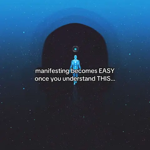 The image presents a cosmic or ethereal scene with a predominantly blue and dark blue color palette. A glowing, humanoid figure stands in the foreground, emanating a bright, light-blue aura. The figure is centered and walks towards the viewer, with a glowing orb floating above it. Behind the figure, a dark, indistinct shape resembling a shadow or a celestial body dominates the background. Small, white dots representing stars are scattered across the image, adding to the cosmic theme. The text overlay is present, with white font in a sans-serif style.