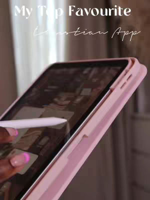 A hand holding a pink tablet with a white stylus, the screen is displaying an app interface, the background is blurred but appears to be a room. Text overlayed at the top "My Top Favourite Christian App".