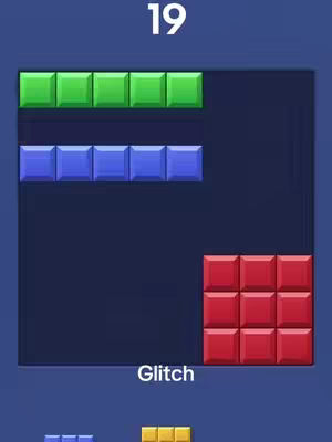 The cover image features a mobile game screen of Block Blast, showcasing a game in progress. The game board has a dark blue background with various colored blocks. The blocks are arranged in a puzzle, with a numerical score "19" displayed at the top and the word "Glitch" at the bottom.