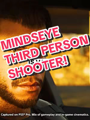 The cover image is a close-up featuring a man with a partially visible face. The background is blurred, suggesting a setting that could be inside a car or similar environment, with hints of warm, orange lighting. Overlayed on the image is bold, multi-colored text that clearly states the video title: 'MINDSEYE' and 'THIRD PERSON SHOOTER!'