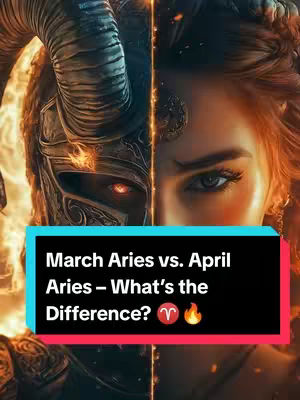 The image is split vertically down the middle, with the left side showing a demonic figure in a metal helment with rams horns. The right side shows the face of a person with red hair. A black rectangular banner with white text stating "March Aries vs. April Aries - What's the Difference?" intersects the center of the image