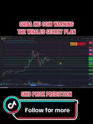 The cover image is a vertical graphic with a dark background. The top third of the image features maroon text on a white background, announcing 'SHIBA INU COIN WARNING THE WHALES SECRET PLAN'. Below this is a display of a financial chart, a line graph showing cryptocurrency price fluctuations against a black background. The bottom third has a white rectangle with text calling out 'SHIB PRICE PREDICTION', and on the very bottom the TikTok icon with the words 'Follow for more.' On the chart is a yellow circle and diagonal trend lines. Other text appears in red and white as well as a logo of the shibarmy.