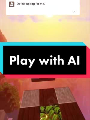 The image shows a bright, colorful scene with a text overlay. The main text, placed on a black bar, says "Play with AI". Above this, there is a chat bubble with the text "Define updog for me."