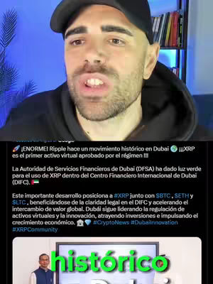 The cover image features a man in the upper half, speaking directly to the camera. He's wearing a black cap and hoodie, with a beard and fair skin. Below him is a screenshot of text regarding Ripple (XRP) and its movements, overlaid with a green 'historico' (historical) text.