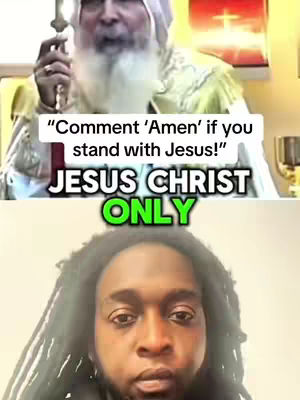 The image is a split image. The top segment shows an older man with a white beard, wearing a white headdress and a yellow garment, with a cross held in his left hand, and an image of a cross in the background. The bottom segment shows a younger man with dreadlocks looking at the camera. The image has text overlays at the top and bottom.