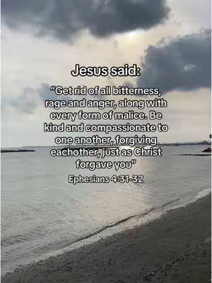 The image features a serene beach scene under a cloudy sky. The ocean gently laps the shore, and in the center, overlaid text presents a Bible verse, adding a layer of spiritual content to the natural setting.
