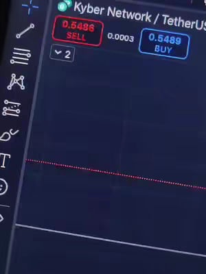 The cover image shows a dark screen displaying a financial trading chart, likely on a mobile device or computer. Key data includes the Kyber Network / TetherUS trading pair, showing both 'SELL' and 'BUY' values, and a simple horizontal line representing movement in the market. The layout suggests a focus on trading and financial analysis.