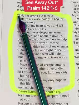 The cover image shows an open book with a Bible verse highlighted in yellow. A pen is placed over the verse, and the top right corner has red text overlay that says See Away Out and Psalm 142:1-6.