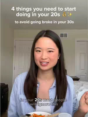 The cover image features a young woman in a striped shirt smiling and looking directly at the camera. The text overlay at the top states, "4 things you need to start doing in your 20s $✨ to avoid going broke in your 30s". There is additional text at the bottom of the cover, which states: "in your 20s most people will ignore this". The background appears to be a home interior, with a glimpse of a bed and a white door visible.