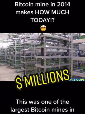 The cover image shows the interior of what looks like a Bitcoin mining operation. The main focus is on rows and rows of server racks filled with computer hardware, suggesting a data center environment. The image is overlain with text, including the phrases "Bitcoin mine in 2014 makes HOW MUCH TODAY!?", and "$ MILLIONS". In the lower part of the image, there is a text that says, "This was one of the largest Bitcoin mines in". The overall composition is designed to attract attention with a financial theme, offering an intriguing question. The color palette is predominantly composed of the hardware's own colors and artificial light.