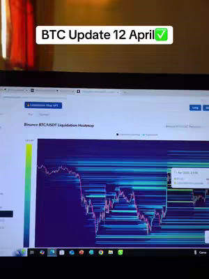 A laptop screen displaying a cryptocurrency chart with a blue and purple color scheme. Above the screen is a text box reading "BTC Update 12 April" with a checkmark. The background is dimly lit.