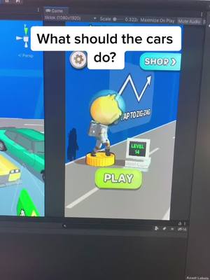 The cover image is a screenshot of a mobile game interface displayed on a computer monitor. A chat box in the upper banner displays the question, "What should the cars do?". Below, a cartoon astronaut figure stands on a yellow base. Next to it is a small white screen that says Level 14. A green button reading PLAY is at the bottom.