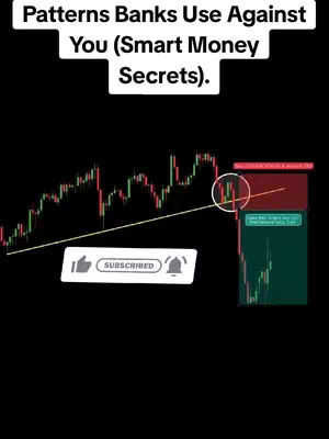 The image is a vertical graphic with a black background. At the top, white text announces the video's subject, "Patterns Banks Use Against You". Below this, a stylized candlestick chart is prominently displayed, using red and green bars against a grid background to represent financial data. A white circle highlights a specific pattern on the chart, and multiple colored rectangular overlays provide added details and annotations, including red and green zones, a price point and indicators. At the bottom, a white box shows a thumb up and bell notification indicating a subscription and notification preferences.