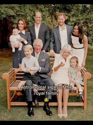 A group photo of the British Royal Family sitting on a wooden bench outdoors. The composition includes adults and children, posing against a backdrop of green foliage. The color palette is natural and warm, with the subjects wearing a mix of formal and semi-formal attire. The text overlayed on the image says astrological signs.