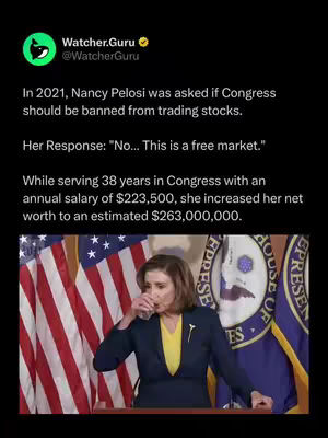 The image shows a news article from Watcher.Guru about Nancy Pelosi's trading of stocks. Nancy Pelosi is seen drinking from a glass, with American flags and a congressional seal in the background.