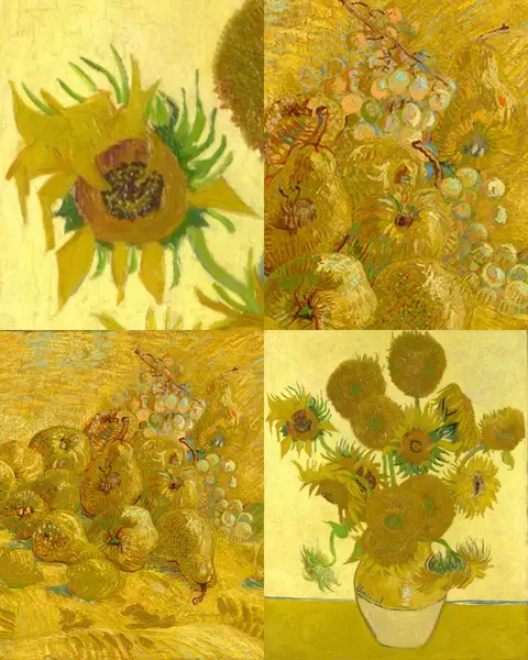 A four-paneled collage of Vincent van Gogh paintings, each dominated by shades of yellow. The panels showcase sunflowers at different stages, with one featuring a close-up of a sunflower in full bloom, another featuring pears, grapes, and apples, and two more displaying different compositions of sunflowers in vases.