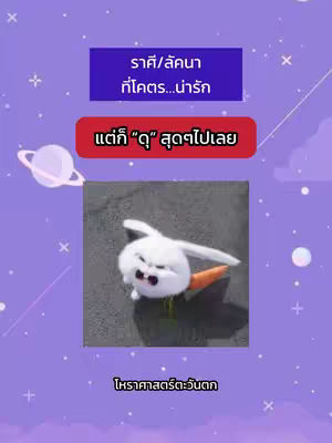 The image has a purple background with white stars and a planet graphic. There are three text boxes: A purple one at the top that reads in Thai, a red one in the middle, and a text line in the bottom. A plush rabbit toy with grumpy expression. A carrot is placed at the rear of the plush toy.