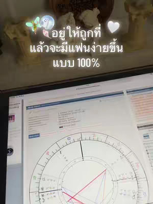 The cover image shows a computer screen displaying a birth chart with astrological symbols and lines. Above the screen, there's an out-of-focus background with what appears to be a wicker basket holding objects. Text overlays are added with a background, and a heart element is added for embellishment.