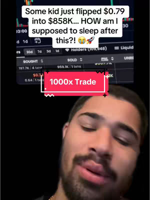 A close-up shot of a man's face with a surprised expression, overlaid with text about a crypto trade and a screen displaying trading data.