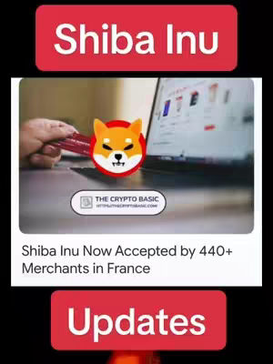 The cover image is a vertical graphic featuring a laptop screen, a Shiba Inu logo, and text overlays. The layout is divided into sections by colored rectangular blocks. The top section has a red background, framing the words "Shiba Inu". Below, a screenshot of a website on a laptop screen fills the central area, featuring a hand holding a credit card next to the Shiba Inu logo. Another rectangular block at the bottom has a red background, with the word "Updates". The color palette is dominated by red, white, and shades of the webpage displayed on the laptop.