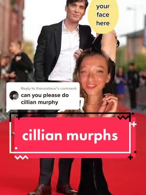 The cover image features a woman in the foreground covering the face of a man, both in front of a red carpet. Text overlays include a comment about doing Cillian Murphy and a speech bubble with "your face here," plus a banner with the text "cillian murphs".