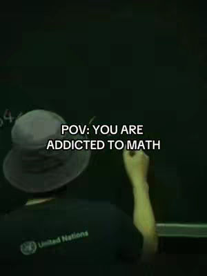 The image shows the back of person wearing a black shirt and a hat. The person is writing on a dark, possibly black, surface. The text overlay says 'POV: YOU ARE ADDICTED TO MATH'.