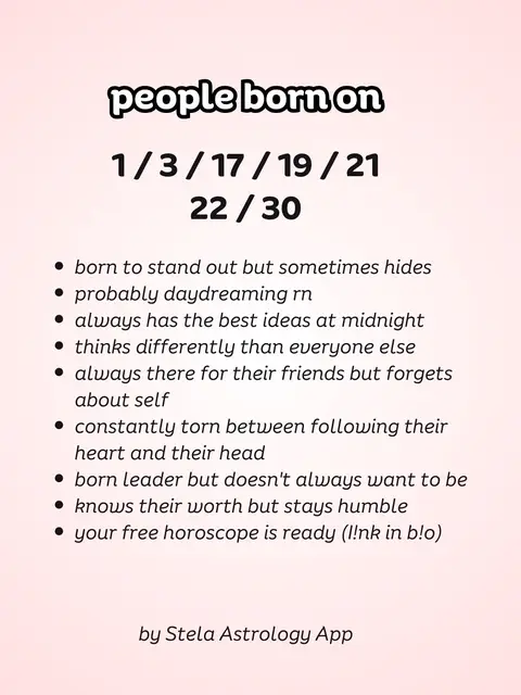 The image features a light pink background with white text and black bullet points. The text is organized in a list format with several numbered dates and lines of descriptive text about people.
