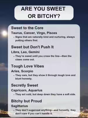 A vertical graphic with a cloudy background. At the top, a white rounded rectangle contains the question "ARE YOU SWEET OR BITCHY?". Below, a white rectangle lists several zodiac signs categorized by 'Sweet to the Core', 'Sweet but Don't Push It', 'Tough Love Vibes', 'Secretly Sweet', and 'Bitchy but Proud'. The text uses a clean, easy-to-read font.