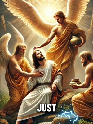 An artistic depiction showing Jesus Christ in the wilderness with four figures, three of which are angels. Jesus, the central figure, is seated and looking upward with a concerned expression. Two figures on either side appear to be angels, with golden hair, skin and costumes. The background glows with a soft, light. The foreground shows a rocky terrain. Below the main subjects is the word 'JUST' in bold, white font. The image uses a palette of gold, white, and blue, and employs soft lighting to highlight the central figures.
