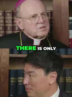 The image is a split-screen, with an older man in a black suit and purple hat and glasses speaking at the top and a younger man at the bottom.