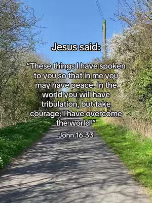 The image shows a path lined with greenery under a bright blue sky. Text, overlayed in black, provides a quote from John 16:33.