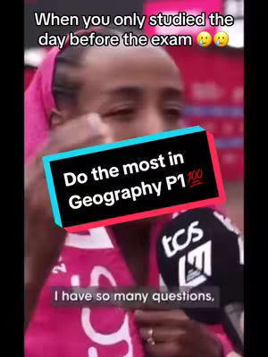 The image features a close-up of a woman's face, with elements such as a pink head covering, a microphone, and text overlays. The text overlays include phrases like "When you only studied the day before the exam," and a banner that says "Do the most in Geography P1 100". The woman appears to be on a stage as she’s addressing a microphone with a concerned look.