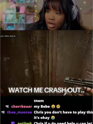The cover image shows a split view: At the top is a woman with headphones on, reacting with an open mouth and a look of surprise. Below, there's a first-person view of a video game screen displaying a dark, textured environment and a weapon in the lower right. Text overlayed on the gameplay says, 'WATCH ME CRASH OUT..'. A chat log at the bottom displays viewer comments.