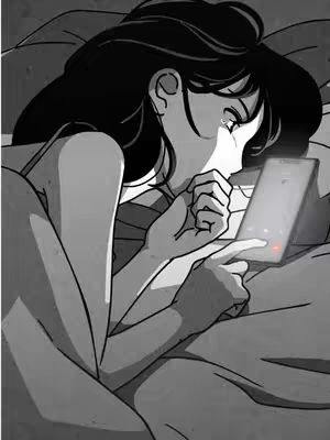 A grayscale illustration shows a young woman lying in bed, gazing at her smartphone. Her dark hair is spread on the pillow. She's holding the phone in her right hand, and her expression suggests contemplation or sadness. The background is softly lit, suggesting a bedroom setting. The overall composition is intimate and somber.
