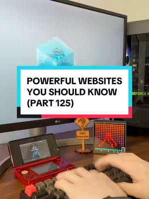 A person is shown working on a desk with a keyboard and a monitor. A text overlay states, "POWERFUL WEBSITES YOU SHOULD KNOW (PART 125)". There's a small screen showing a game and a desktop with accessories.