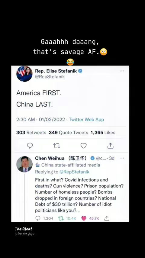 The cover image shows a screenshot of a Twitter post with a humorous overlay written on top. The original tweet from Rep. Elise Stefanik states 'America FIRST. China LAST.'. Below the tweet, Chen Weihua replies with a series of sarcastic questions about America's problems. The image has a black background, with the text overlayed at the top, and the tweet is in the center of the screen, with a thumbs up emoji.