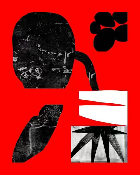 Abstract artwork with a red background, featuring black, textured shapes. There's a large, roughly egg-shaped form in the top left, connected by a curved line to a rectangular shape that appears to be the base for a plant. Smaller, rounded shapes are in the top right, and an irregular, angled shape is positioned in the bottom left.. The overall composition is a study in contrasts and bold lines.