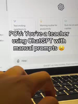 The image shows a close-up of a laptop screen with text and a person's hand interacting with the keyboard. The screen displays what appears to be a web interface or application, potentially related to education or technology. Text overlays indicate the usage of ChatGPT prompts and a specific perspective.