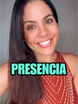 A woman with long dark hair smiles at the camera, with the word 'PRESENCIA' overlaid in a bold, teal-colored font. She is wearing a red top. The background is a light neutral color.