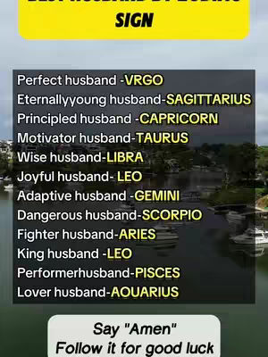 The cover image shows a list categorized by zodiac signs and their associated husband personality traits. A scenic background with a lake and a tree is visible.