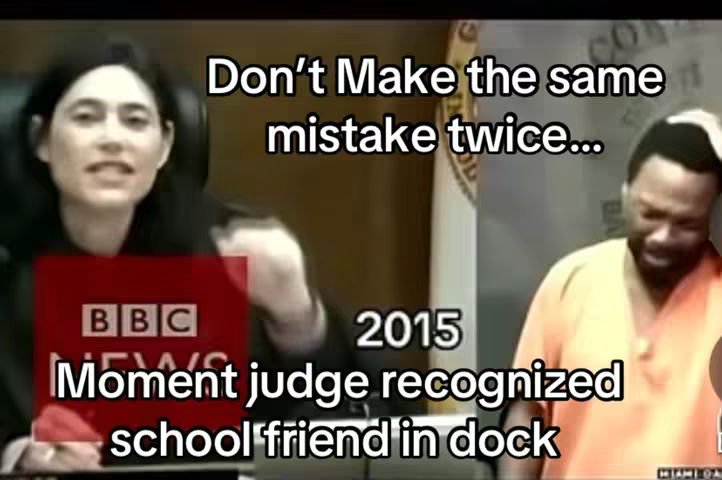 The image is a split screen with two scenes. On the left, a woman in a dark suit is speaking, with a 'BBC NEWS' logo and a red square in front of her. On the right side, a man in an orange outfit, appears to be reacting to something, with his hand on his forehead. Overlayed on the image are the words 'Don't Make the same mistake twice...', '2015', and 'Moment judge recognized school friend in dock'.